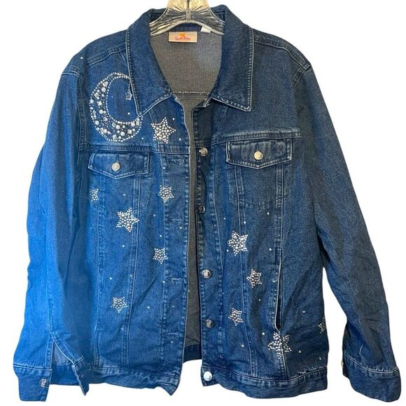 Quaker factory womans denim jacket medium blue silver stars moon sun bling - Picture 13 of 13